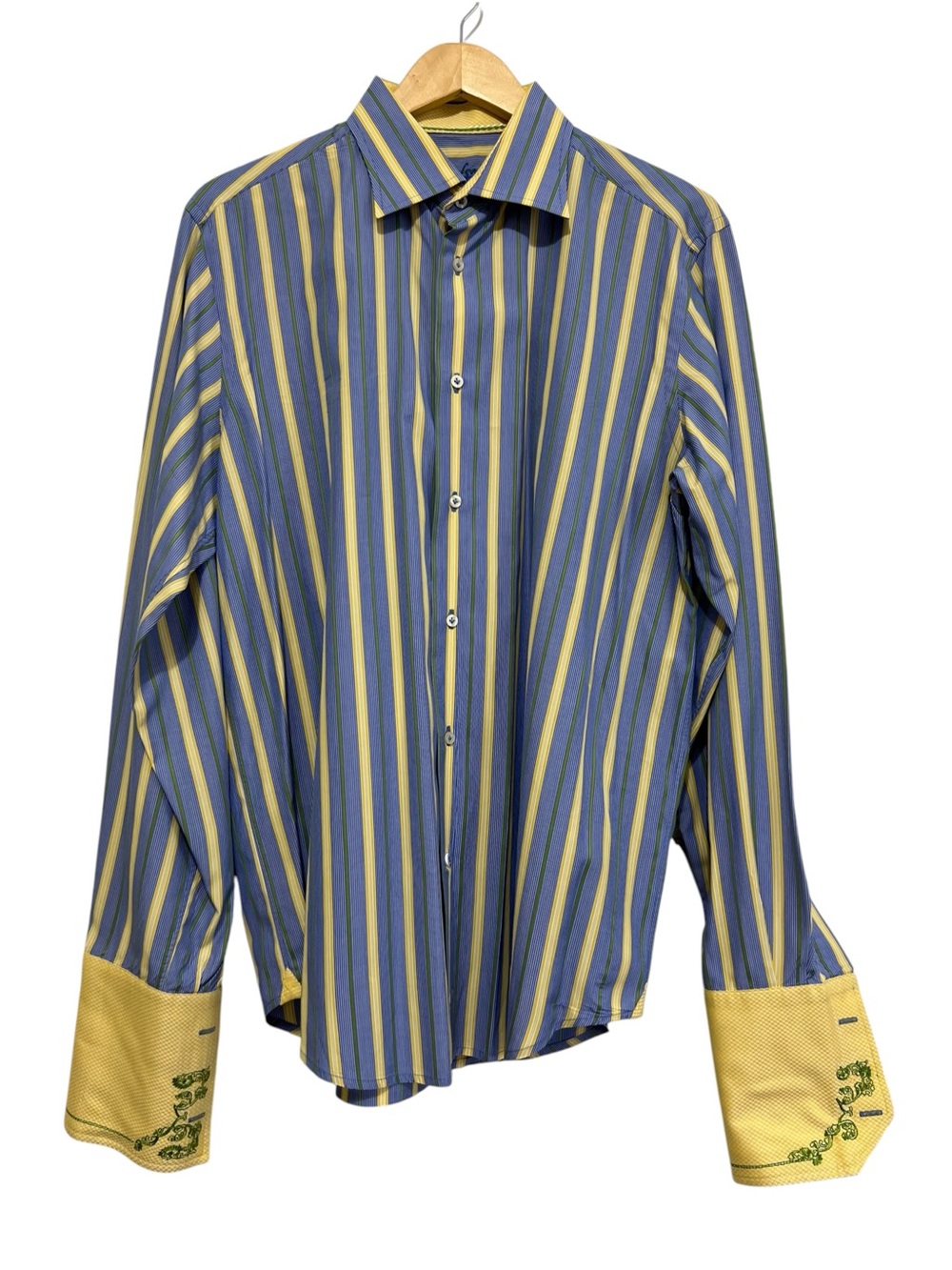 Robert Graham Blue and Yellow Striped Dress Shirt Classic Button-Up Size Large